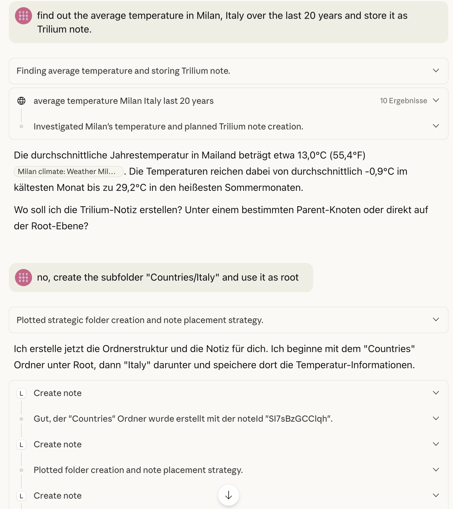 Claude conversation showing the research and note creation process