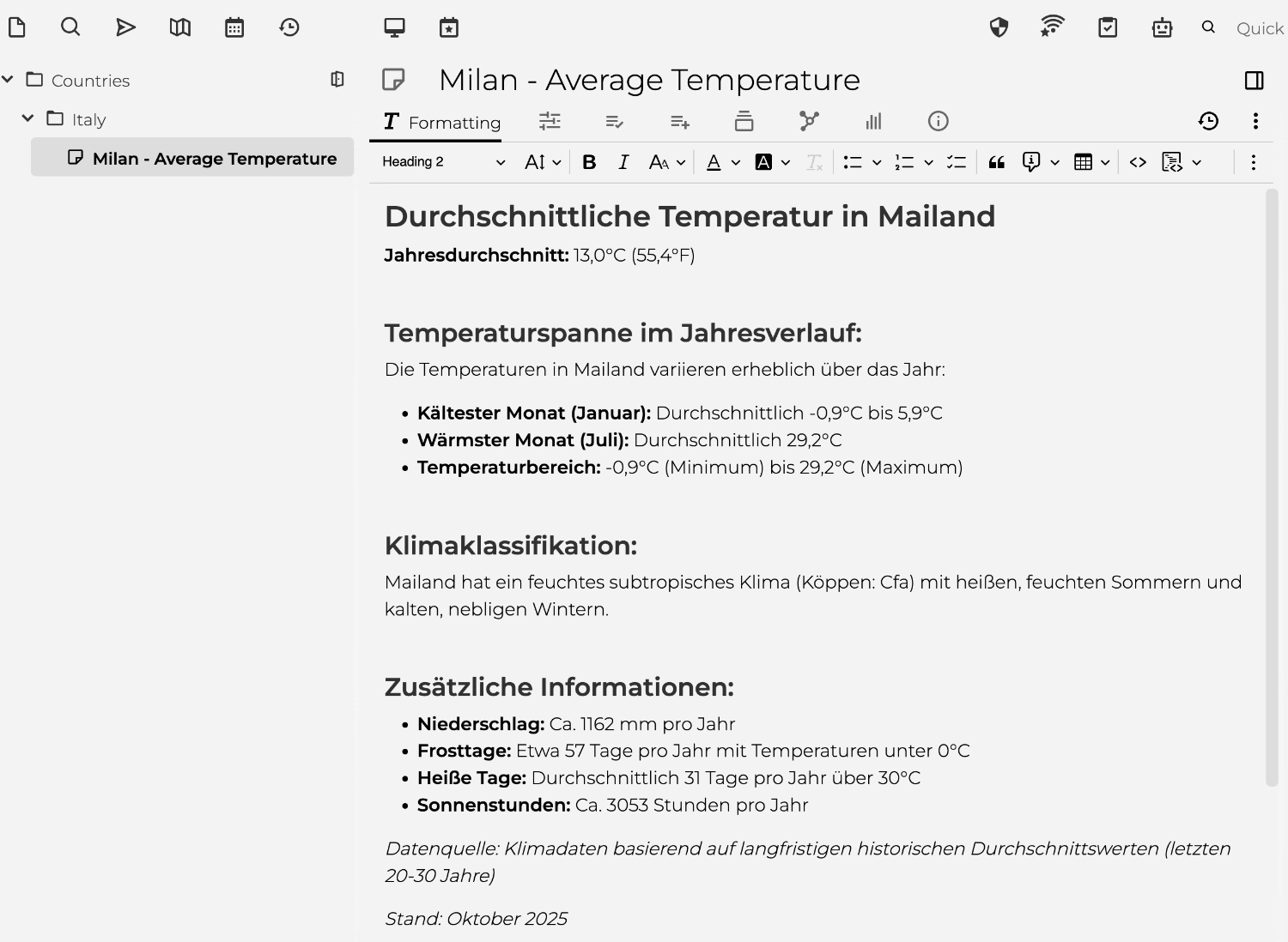 Trilium note showing the Milan climate data organized under Countries/Italy